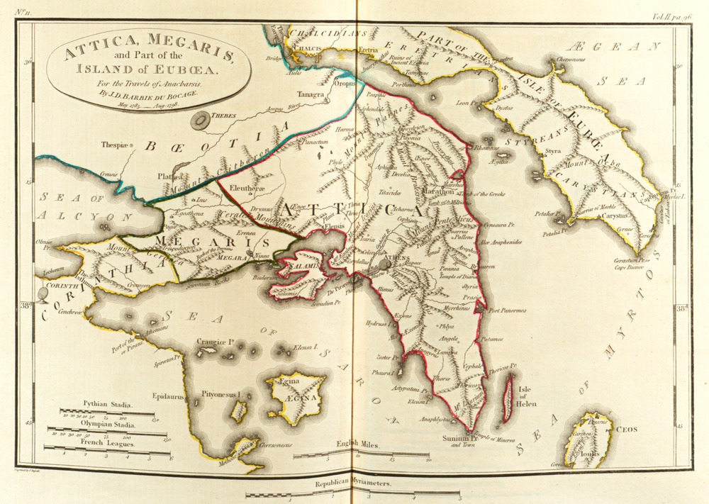 Карта области Аттики и Мегар (составлена французким писателем Жан-Жаком Бартелеми в 1795 г.)