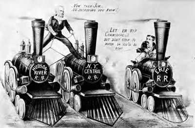 Борьба Вандербильта с Джеймсом Фиском (Erie Railroad) за контроль над железнодорожными перевозками (карикатура тех лет)
