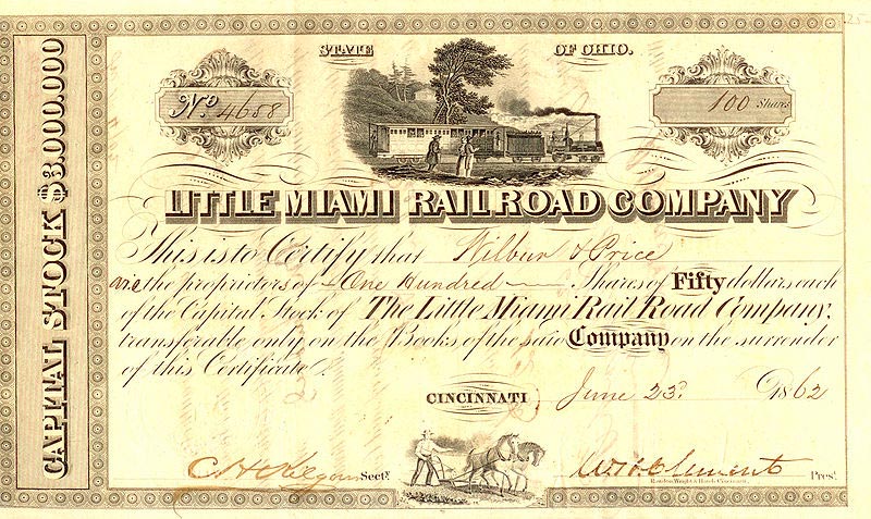 Акция американской железнодорожной компании Little Miami Railroad company, 1862 г.
