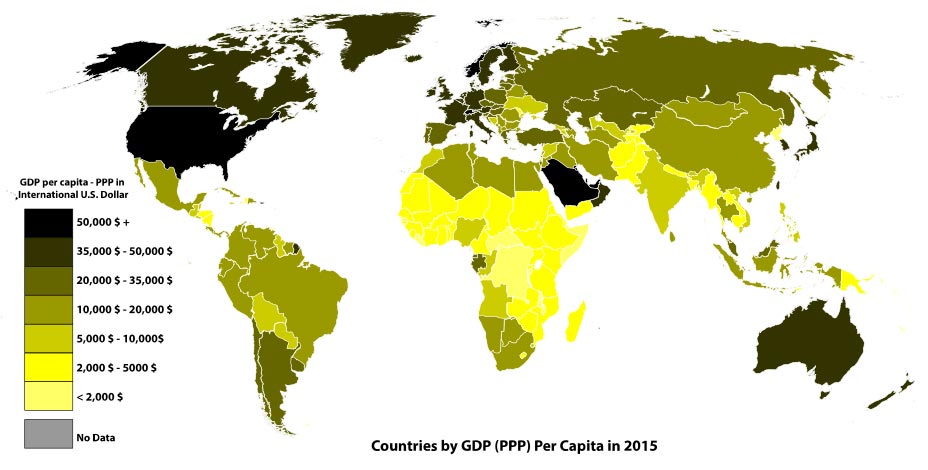 Рис. 2. Страны по ВВП на душу населения в 2015 г. (по данным Международного валютного фонда)