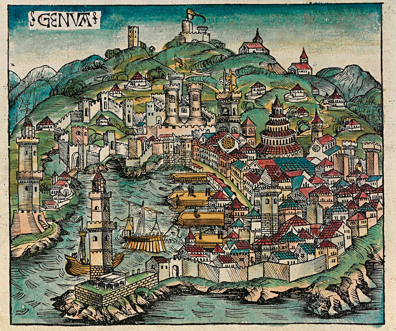 Торговый порт Италии - Генуя, гравюра 1493 г.