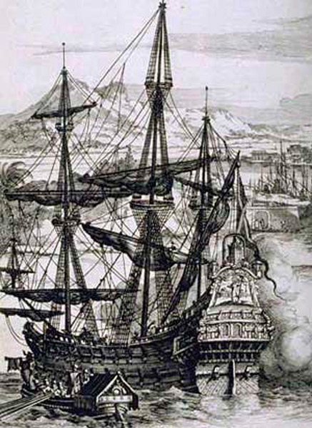 Гравюра с изображением испанского торгового галеона, XVII в.