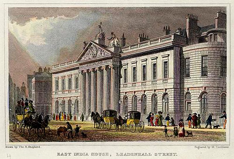 Главное здание Британской Ост-Индской компании на улице Лидхолл стрит, Лондон, гравюра 1828 г.