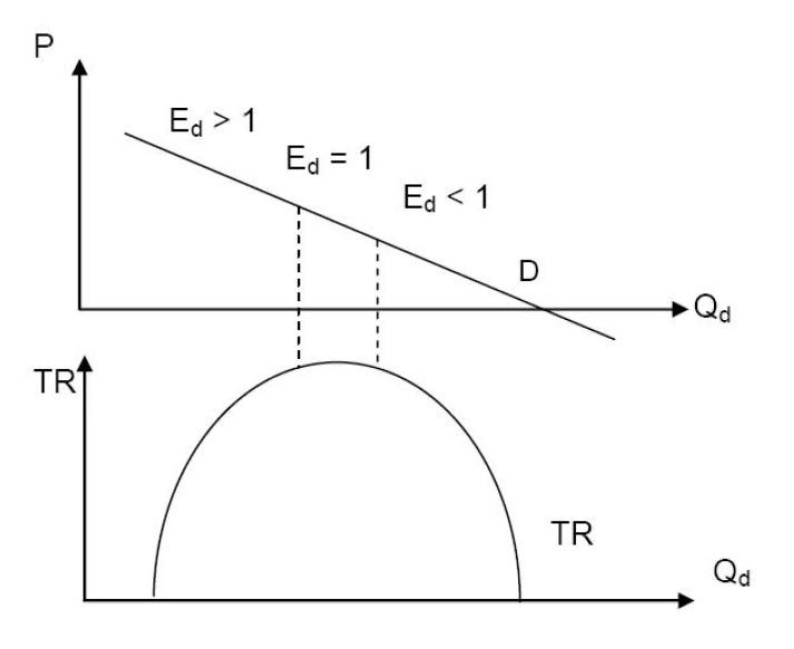 Рис. 3.18. Сравнение кривых D и TR демонстрирует зависимость между эластичностью спроса и общей выручкой